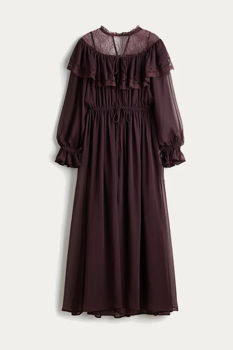 Plum ruffled sheer-sleeve dress