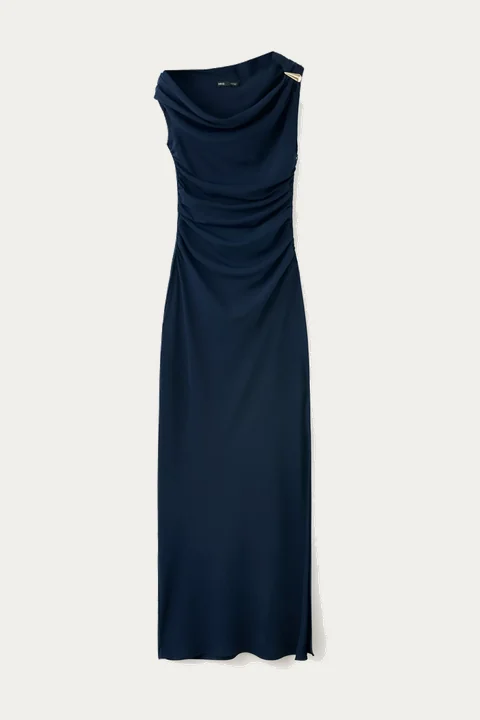 Navy draped sleeveless column dress