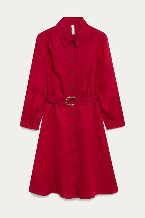 Red belted collared mini dress
