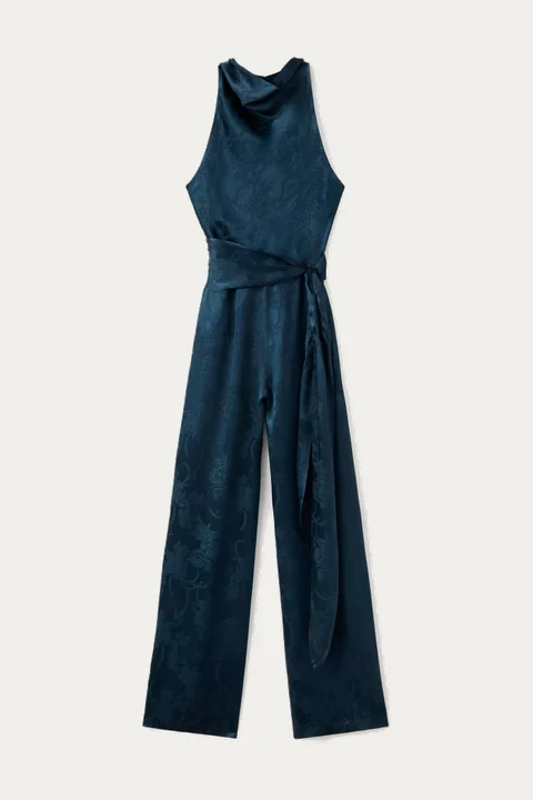 Dark teal halter-neck belted jumpsuit