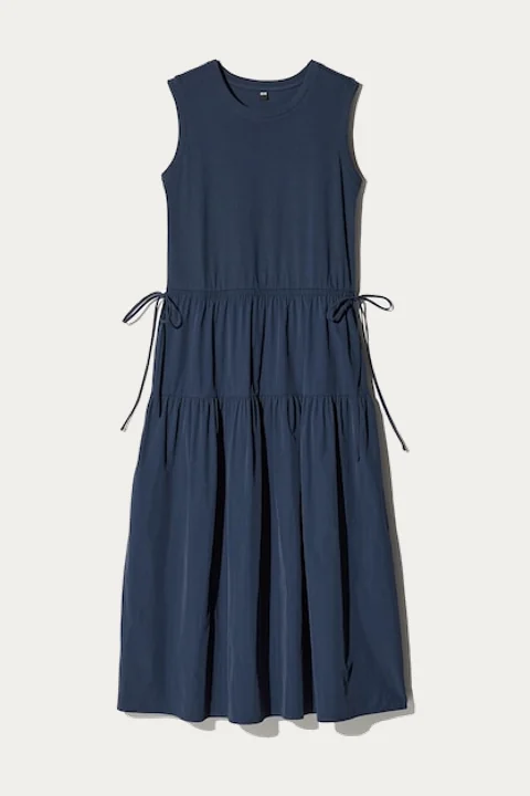 Navy sleeveless gathered-waist dress