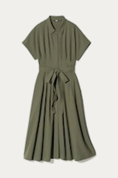 Olive tie-waist short-sleeved shirt dress