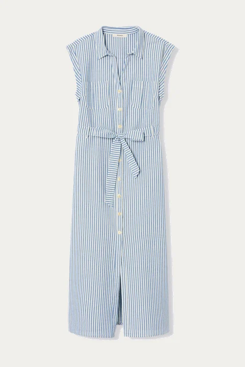 Pale blue striped belted shirt dress