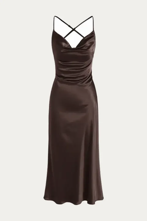 Chocolate gathered strappy midi dress