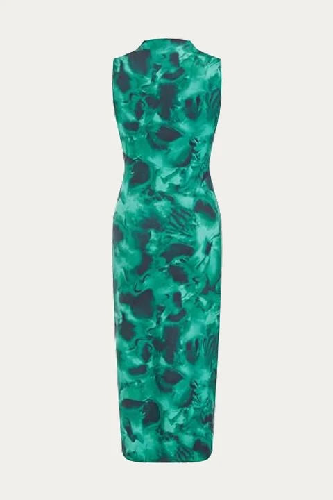 Emerald abstract-print high-neck dress