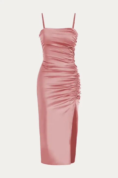 Blush pink ruched strappy mini dress