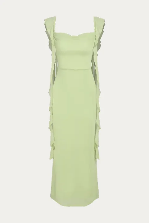 Lime green ruffled square-neck dress