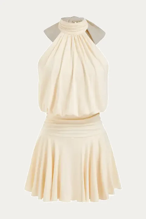 Cream halter-neck pleated mini dress