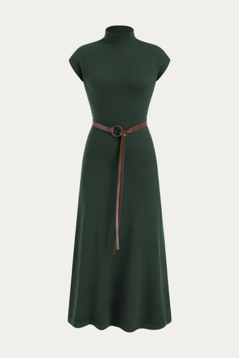Forest green belted high-neck dress