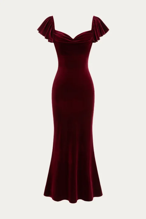 Burgundy off-shoulder flared evening dress
