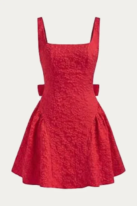 Red square-neck flared mini dress